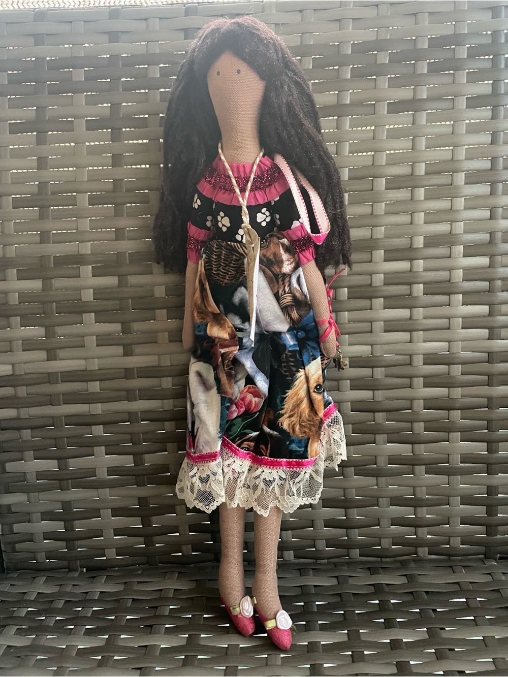 Handmade Fabric Doll in Pink Dress with Lace Trim